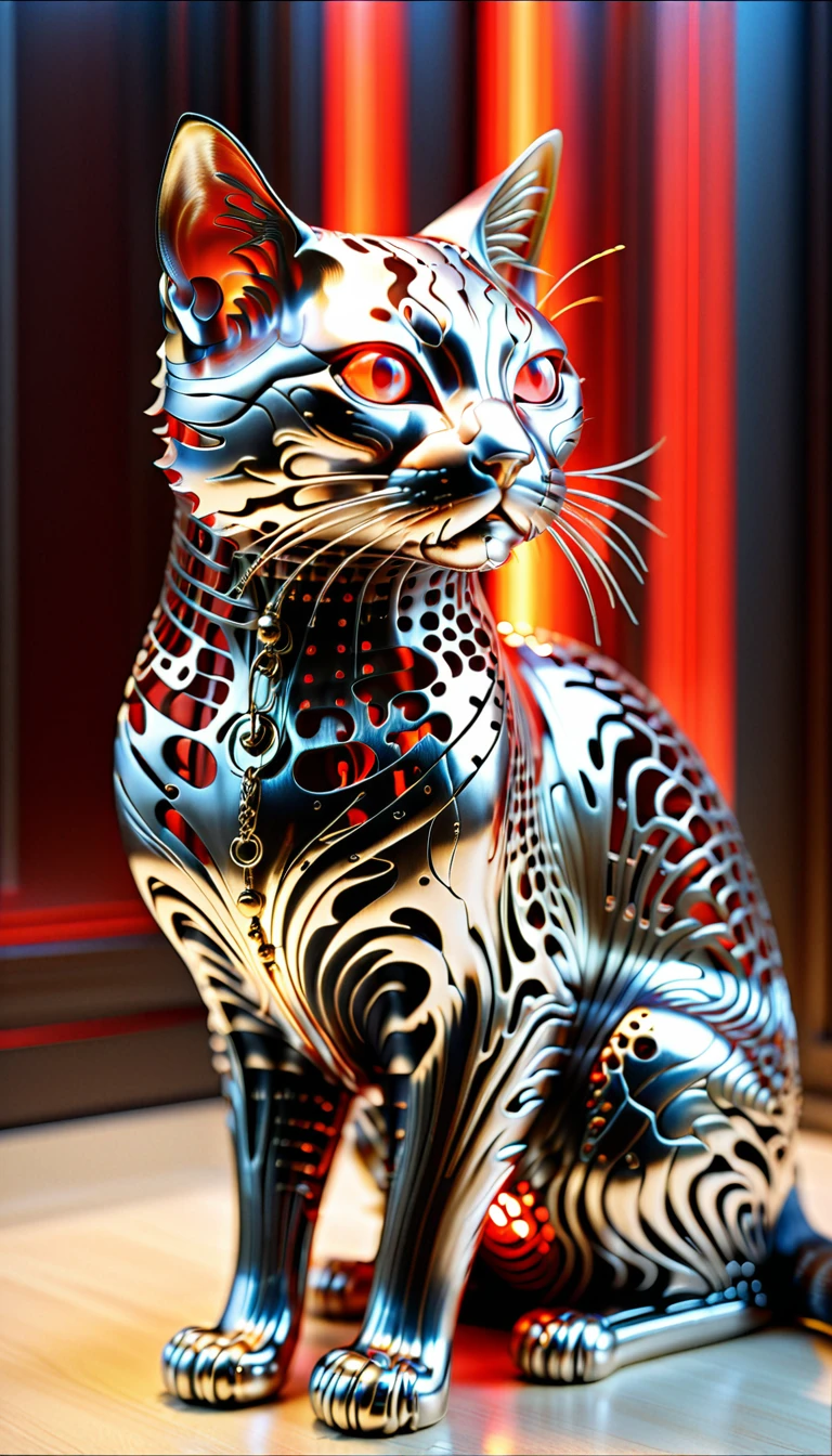 There is no one, realistic photo, realism, lafford (LaPerm) cat, future oriented, metal decoration, Shining red light inside, hollow interior, Polish, ray tracing, perfect composition, intricate details, Very sharp, masterpiece, profile, high resolution