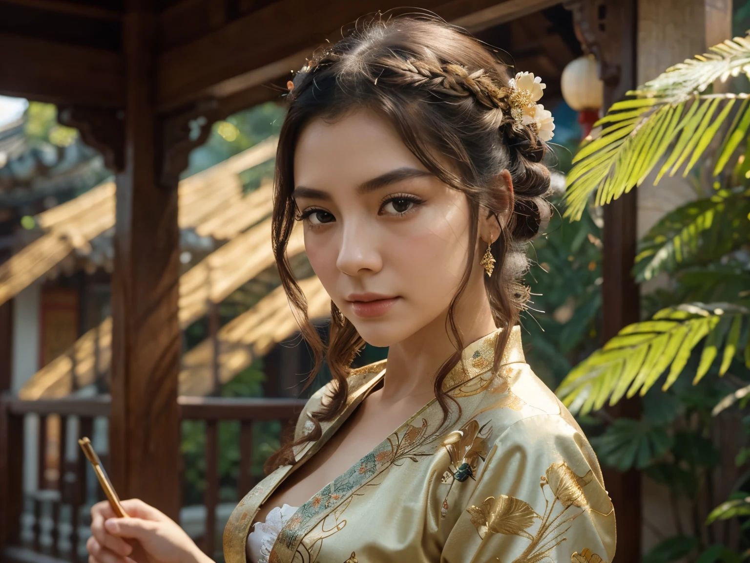 A beautiful dancer in ancient China,delicate lines,gorgeous costumes in ancient China,delicate and vivid,shy face,willow leaf eyebrows,personality depiction,coiled hair,gold leaf,flowing clouds,watercolor,crane surrounding,ink painting,gentle eyes,meticulous, color scheme,exquisite clothing patterns,by Gu, Kaizhi,Zhang Xuan,professional color grading,realistic style,soft shadows,clean and sharp focus,Flim photography,Panoramic View,32K --v 6