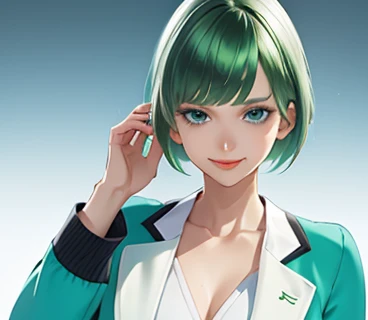 outdoor,at night,green hair,Emerald hair,short hair,short hair,bright face,upper body up,chest up,business woman,intellectual,smile,white jacket,laughter,30 years,drooling eyes, alone,know,Flow of hair that extends to the face,bangs between eyeliner hair,High resolution, Bright and clear, Big light blue eyes shine charmingly,green one piece,eyeliner,Shining white skin,beautiful bangs, (Beautiful quality with attention to detail), (super detailed), (wallpaper), (detailed face), (High resolution), (In 8K), (very detailed), (Best figure), (Beautiful quality with attention to detail), (super detailed), (wallpaper), (detailed face)