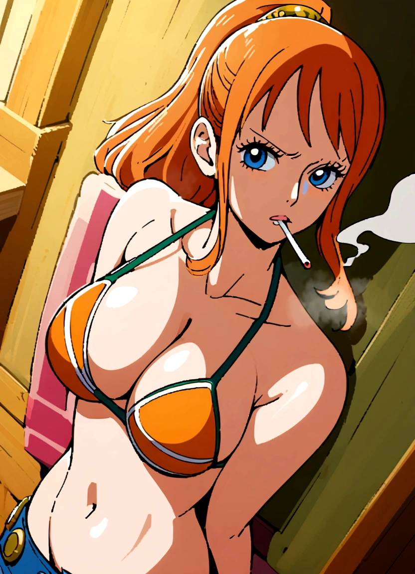 a cartoon picture of a woman in a bikini top and jeans, nami one piece, nami from one piece, nami, beautiful portrait of nami, from one piece, oppai, blue eyes, smoking, ponytail