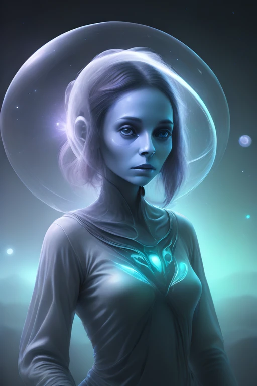 Gray Alien,woman,The background is outer space,UFO