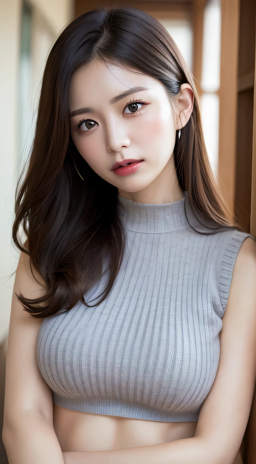 Tabletop, Highest quality, Photorealistic, In detail, High resolution, 8k wallpaper, Perfect dynamic composition, Beautiful attention to detail, Medium Hair, Big ample breasts, Random sexy poses,Put your chest together、(Open Chest Mock Neck Crop Tank Top White Knitwear Clear Crabbe)、(Breast Swelling 1.2)、Laughter、Open your mouth、Resort scenery、Age 25、(Droopy Eyes 1.4)、Adult Beauty、Japanese、Arms crossed and angry expression