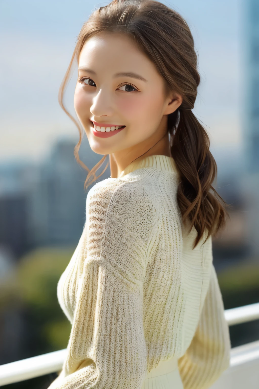 ((masterpiece: 1.4, highest quality))+,((highest quality)), ((masterpiece)), (detailed), whole body、wallpaper、Russian Beauty、30 years old、reality、Attention to detail、Perfectly balanced body、Tight waist、Smiling Kindly、Light brown haine white skin、(masterpiece:1.3), Best image quality: 1.4, (Rough hairstyles:1.2)、Cleavage:1.4、Loose, lightweight knitwear、Shoulder、Beautiful rooftop night view