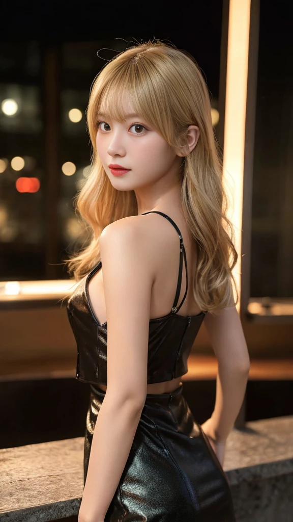 (Highest quality,In 8K,masterpiece:1.3),(超A high resolution,Photorealistic:1.4,RAW shooting),(Ultra-detailed,Caustics,Perfect ???????),(Ultra-detailedな背景,Ultra-Realistic Capture,Beautiful and detailed eyes),(Sexy Mini Skirt Dresses:1.1),stand,Japanese,20-year-old,cute,Blonde wavy hair,Gal,Staring at me,Night Bar,Dynamic Lighting,Photographed from the front,Delicate shoulders