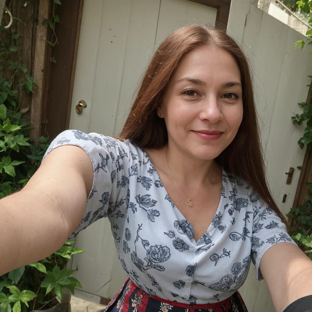 1 girl, solo, Caucasian, Old woman, , her name is Sophia, (mother), ((consistent face and image)), (((60 years old woman))), (((wrinkles))), ((long red hair)), ((fair skin)), ((round face)), ((short roman nose)), ((brown plump lips)), ((full body)), ((half body shot)), (((sexy ahubby body))), (((wearing skirt and printed blouse))), (inside Portugal house backyard), smirk, ((spring season)), (((selfie)))