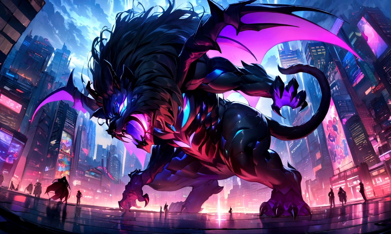 ((masterpiece, Highest quality, Best image quality, High resolution))Giant lion demon、 Glowing blue eyes and advanced cybernetic enhancements. Giant leopard demon seen in dynamic action pose, Neon-lit rooftop, reflection on a smooth surface. The cityscape below is filled with towering skyscrapers., illuminated by colorful holographic advertisements, Shining with blue energy, Mighty power. The overall atmosphere is dark and mysterious., It had a futuristic techno vibe.. The lighting is dramatic, Intense highlights and deep shadows, Creates depth and tension. Color Palette
