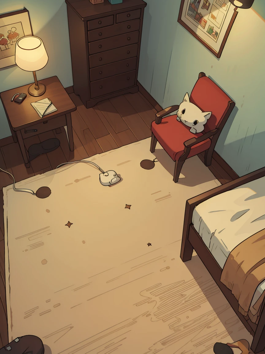 bedroom,3d,Cartoon illustration,floor,Wardrobe,table,Chair,carpet,desk lamp,Wide-angle lens,