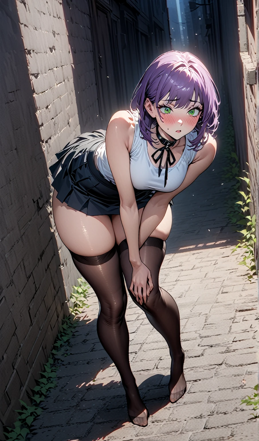 Cuts，Cuts Chainsaw Man，1girl, 独奏, short purple hair, green eyes, shy expression, blushing, black choker, white sleeveless tight shirt, black ribbon on collar, black high-waisted short skirt with slit, black thigh-high stockings, standing pose, body slightly leaning forward, hands down, left hand touching skirt, sexy posture, plump thighs, curvy legs, tight thigh-high stockings, soft thigh skin, alleyway background, cityscape, shadowed walls, sunlight from above, anime style, high contrast, detailed linework, soft lighting，CG art，on pixiv artstation