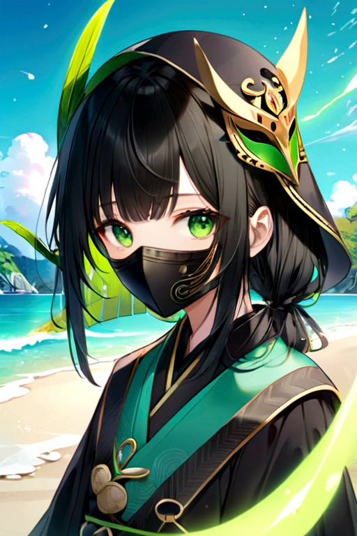 1 gatora, neon green eyes, black long straigh hair with bangs, mask covering the mouth and nose, black samurai hat, green aurea around the body, a green sickle on the shore