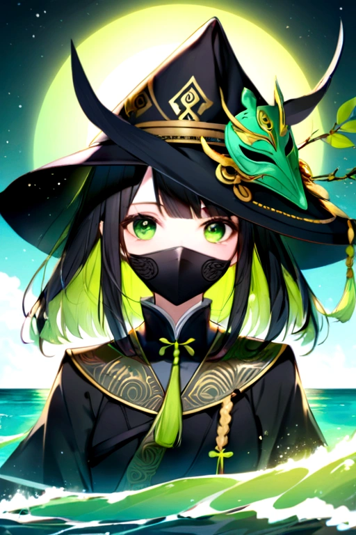 1 gatora, neon green eyes, black long straigh hair with bangs, mask covering the mouth and nose, black samurai hat, green aurea around the body, a green sickle on the shore 