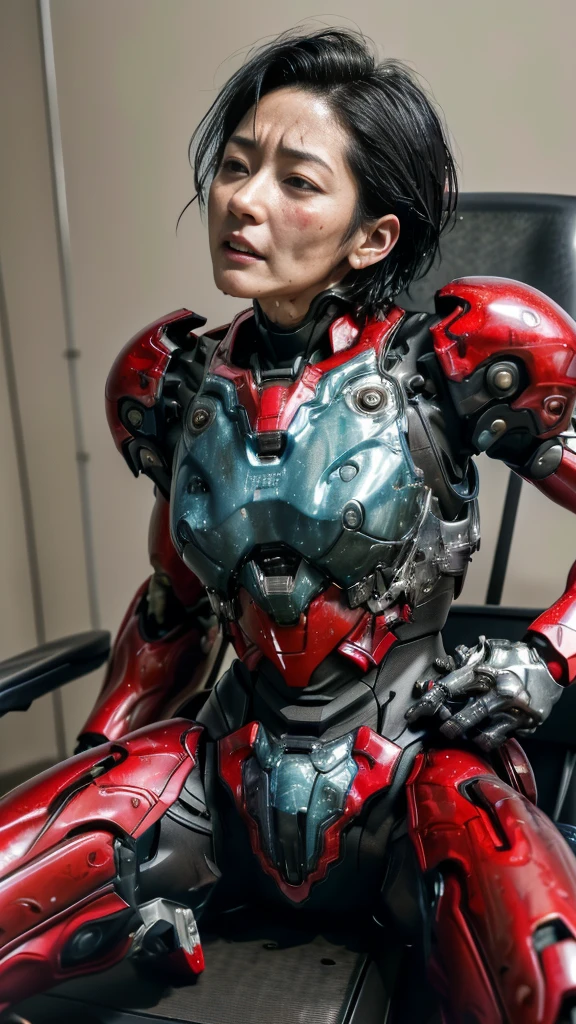 Rough skin, Very detailed, Advanced Details, high quality, 最high quality, High resolution, 1080P 、、Red Armor、Wearing red and black、cute((During a break))(Wearing a damaged female robot suit...)(Red Armor)(Broken Armor)Black Hair、、Soaking wet、Very short hair　Sweaty face、Beautiful Face、Hot look　knock down、よだれing from the mouth、Middle-aged women　(Steam coming out of the face) ((Steam from the body)) Sit on a chair　Filming location　I can see the vagina　Open the crotch to the front　Look up