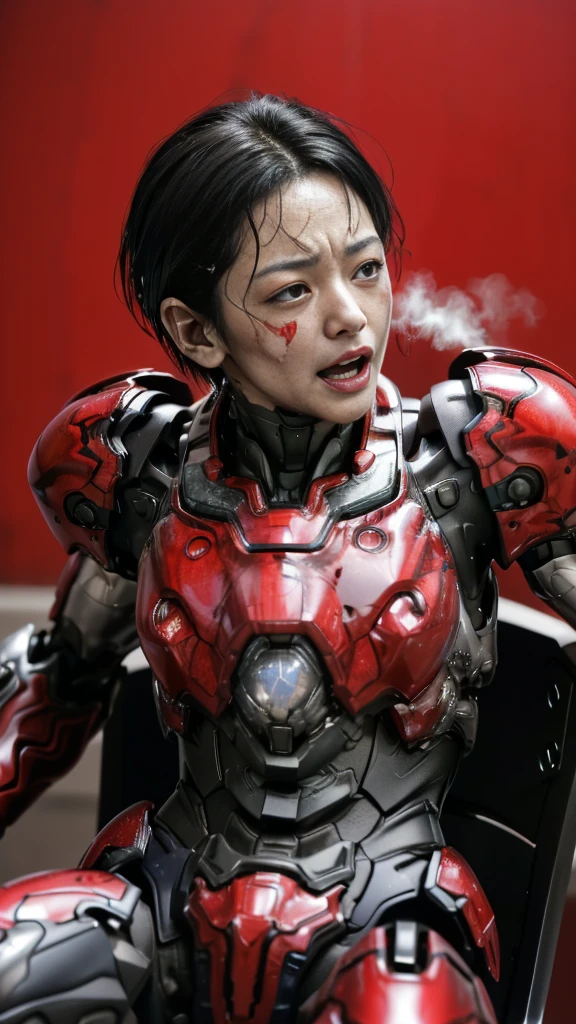 Rough skin, Very detailed, Advanced Details, high quality, 最high quality, High resolution, 1080P 、、Red Armor、Wearing red and black、cute((During a break))(Wearing a damaged female robot suit...)(Red Armor)(Broken Armor)Black Hair、、Soaking wet、Very short hair Sweaty face、Beautiful Face、Hot look knock down、よだれing from the mouth、Middle-aged women (Steam coming out of the face) ((Steam from the body)) Sit on a chair Filming location I can see the vagina Open the crotch to the front Look up