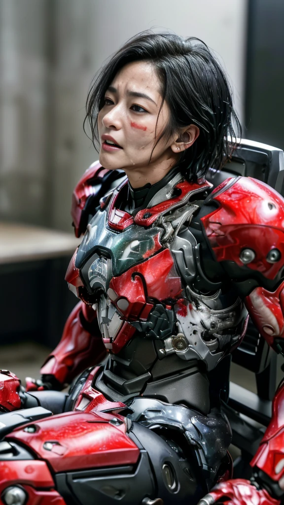 Rough skin, Very detailed, Advanced Details, high quality, 最high quality, High resolution, 1080P 、、Red Armor、Wearing red and black、cute((During a break))(Wearing a damaged female robot suit...)(Red Armor)(Broken Armor)Black Hair、、Soaking wet、Very short hair Sweaty face、Beautiful Face、Hot look knock down、よだれing from the mouth、Middle-aged women (Steam coming out of the face) ((Steam from the body)) Sit on a chair Filming location I can see the vagina Open the crotch to the front Look up