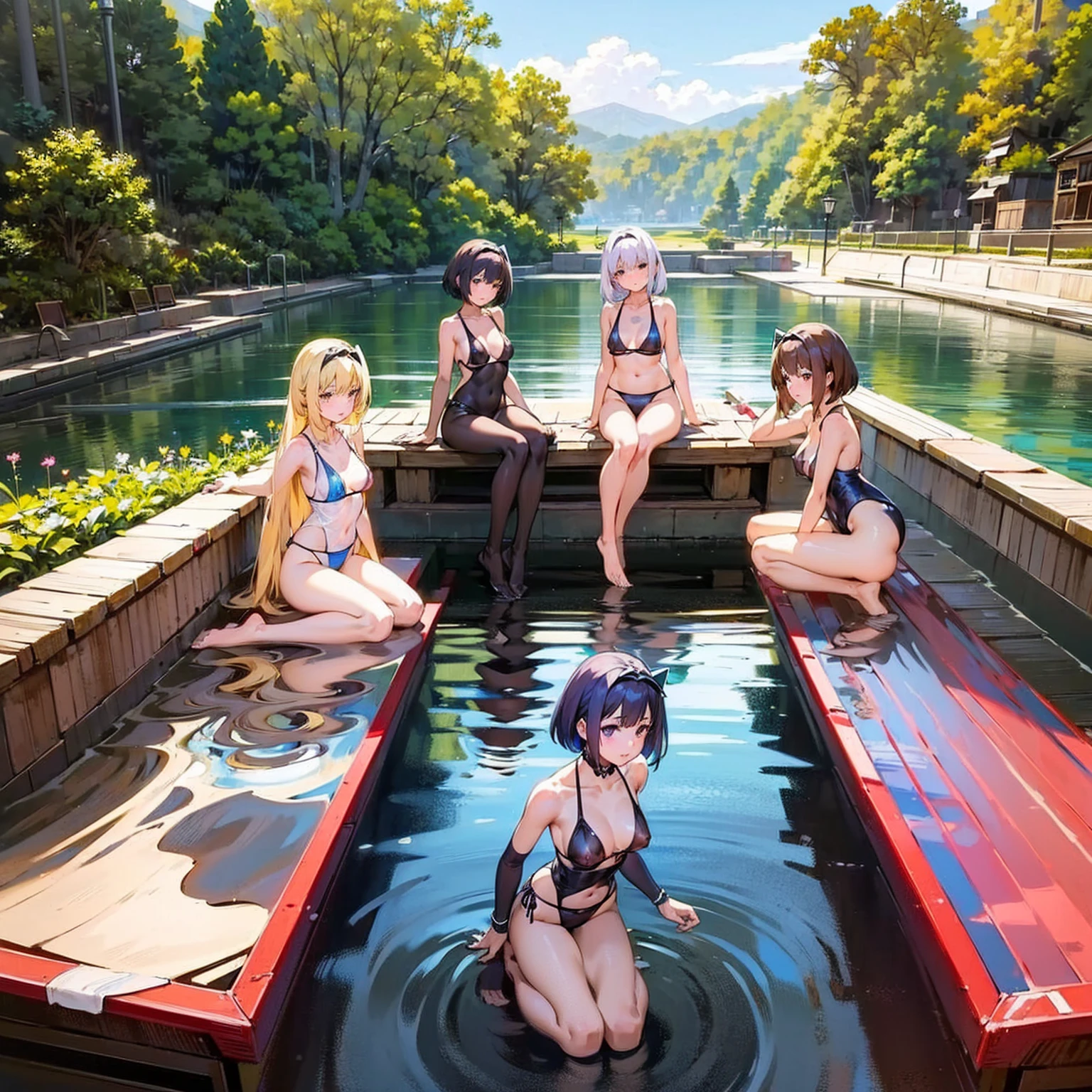 High image quality, 8K, high quality, masterpiece:1.2), ((masterpiece)), (High detail, high quality, 最High image quality), Depth of written boundary, Portraiture, Open Stance, (Cute illustrations:1.3), (5 non-virgin girls:1.2), Poolside, (Different hair colors and hairstyles), (Multiple girls with the same style:1.2), Dawn, Beautiful light, Professional Lighting, (Slightly small chest), (Dark brown areola), (Brightly colored swimsuits;1.8), ((Low V-neck one piece bikini swimsuit);1.5), Extremely revealing swimsuit, (A swimsuit that is as transparent as air, right down to the nipples and areola:1.8), (Idol Master:1.2), Cute round face girl, sexy, Dynamic pose, An exciting mood, smile, Dynamic Angle, Underarm,
