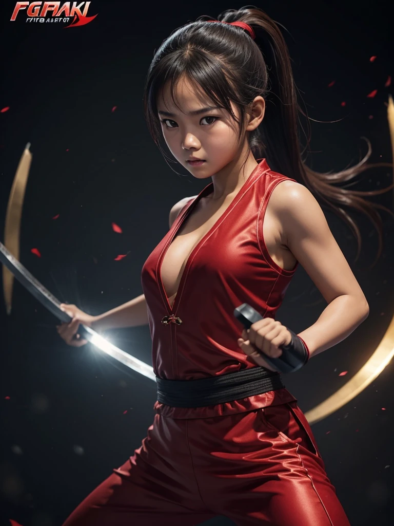 8K, Indonesian girl,cute innocent face,15 years old girl,ponyTail,dark brown hair,sexy red silat suit,cleavage.small breast,high quality silat、Dynamic Actions、fighting pose、dynamic background for sports poster, teenage face,Look at viewers,