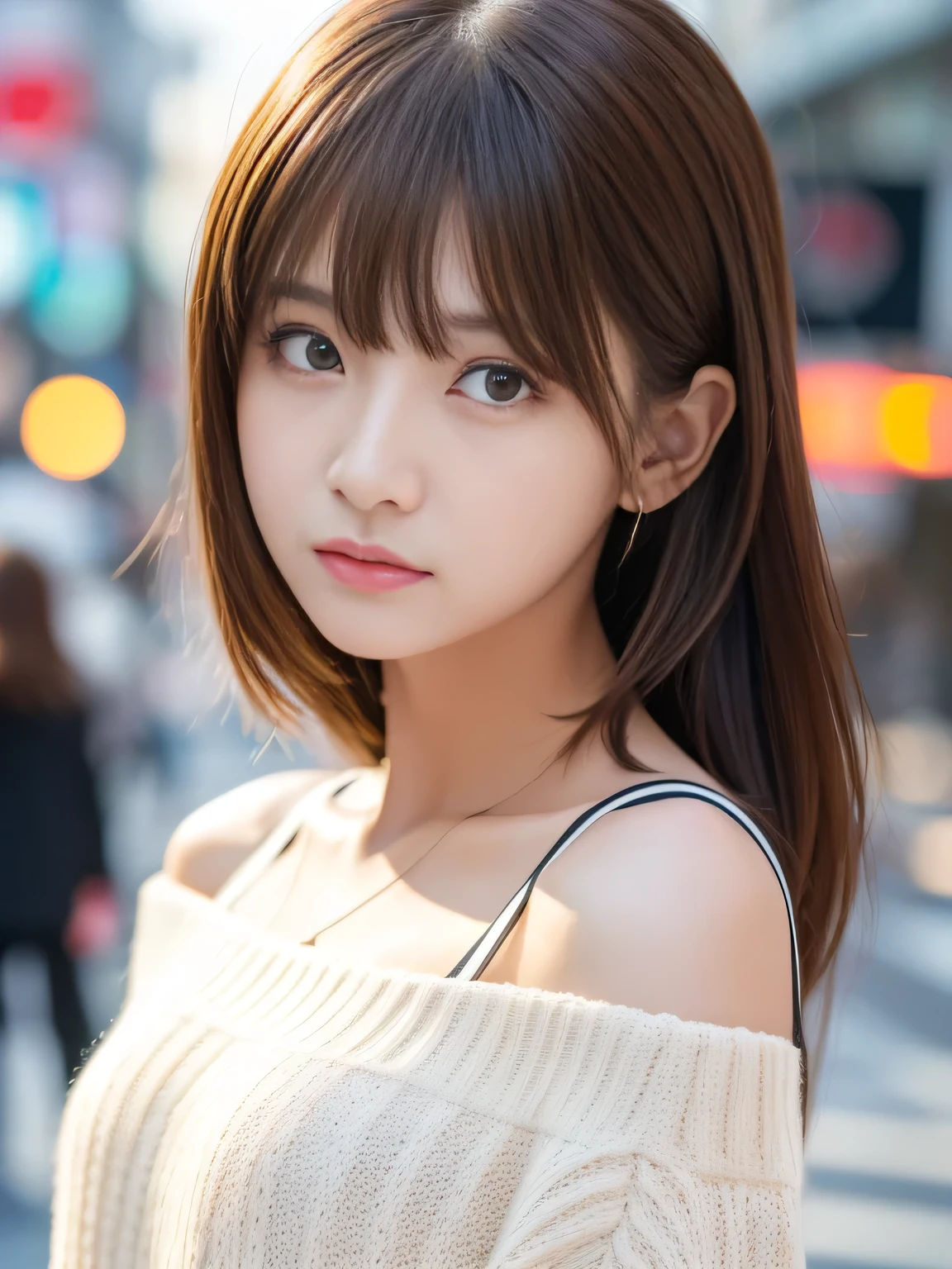 Ultra-high resolution, Superior Quality, Highest quality, Super detailed, Realistic, 8k, RAW Photos, Highest quality, masterpiece, Attractive girl, A wonderful girl, Brown Hair, Shoulder-length layered, Asymmetrical bangs, K-Pop Idols, Sophisticated, stylish, White knit, Shibuya Ward,Angry facial expression pointing at the viewer
