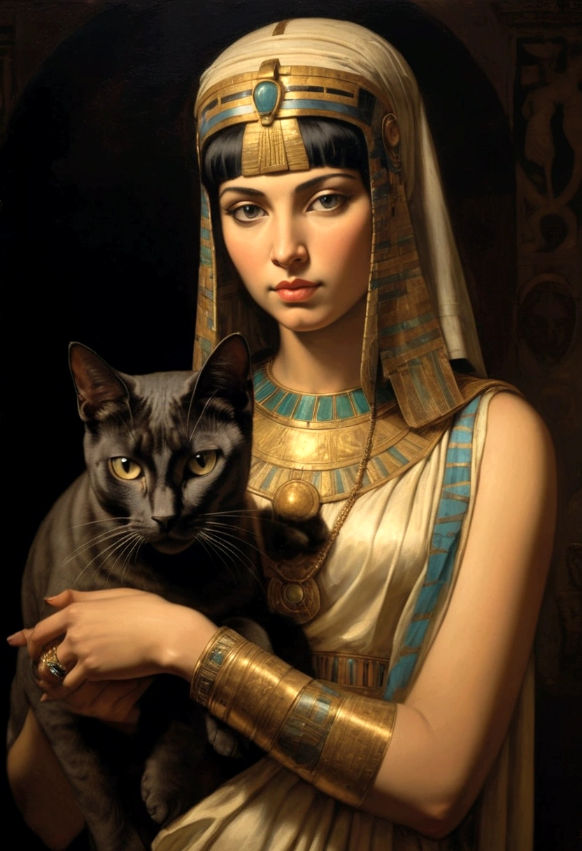 Renaissance painting of Cleopatra standing, holding her cat, facing the viewer, she exudes respect and intelligence.