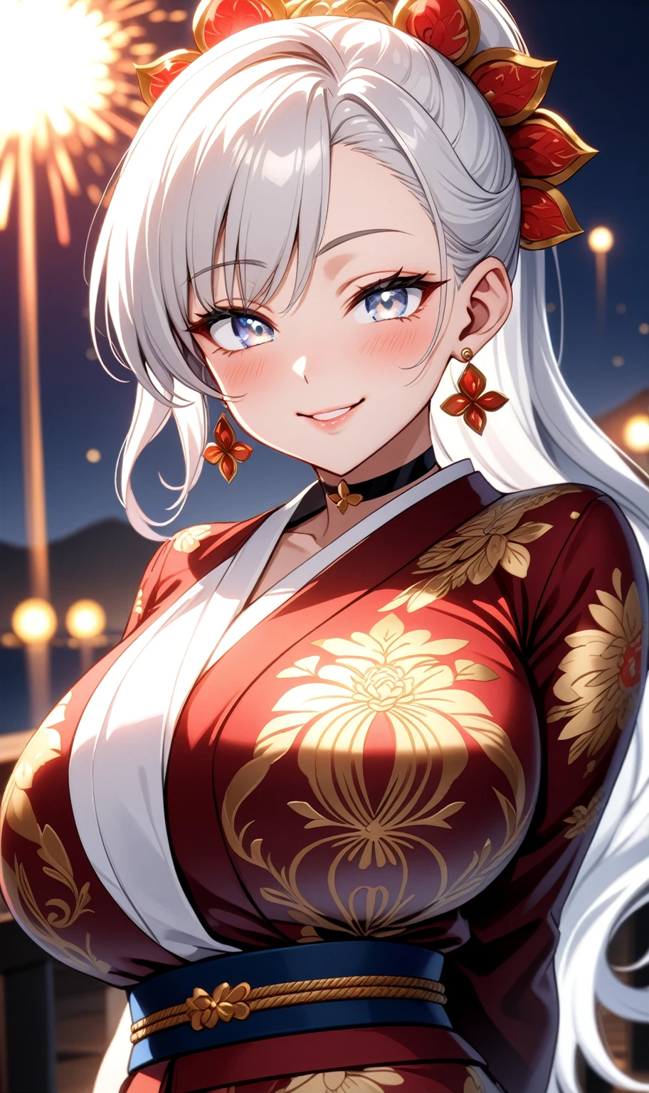 ((One personの女性)), Beautiful Face, ((smirk)), (head tilt), ((Wink:1.8)), Laugh with your mouth wide open,((Bright red cheeks:1.4)),Shiny red lips,night,coastal,You can see the ocean, firework,Laughing with your mouth open,Glossy pink lips,Facial lighting,((Anime style background)),masterpiece, Highest quality, so beautiful,up to date, Complex details, (Pink long nails), (4fingers and 1thumbs), (ring),(bracelet),(choker),AI-generated, Complex,High resolution, Highest quality, super high quality,3D Images、3D Images,One person,Long white hair,High Ponytail,(blue eyes),Anime woman posing for a photo, ((Fine grain、Silvery white colorful eyes、Shining Eyes:1.3)),(Squint your eyes:1.1),a hyperRealistic , hyperRealistic , Realistic,Anime woman with long white hair, Smooth anime CG art, A woman in a colorful kimono with gold embroidery, (Black long sleeve kimono),Red floral pattern,Long flower hair ornament,Earrings,Mature Body,(Big Breasts:1.1),Tall,Abdominal muscles,Narrow waist,(Zoom up to face:1.6)(dutch angle),(front view),
