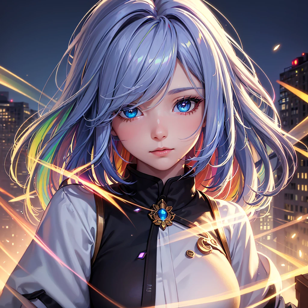 {{masterpiece}}, best quality, extremely detailed CG unity 8k wallpaper, cinematic lighting, lens flare, beautiful detail eyes, black,  side glance,  multicolor short blonde hair, colorful light, particles, heterochromia, (colorful:1.5), (colorful hair:1.5), lingery, rooftop background,