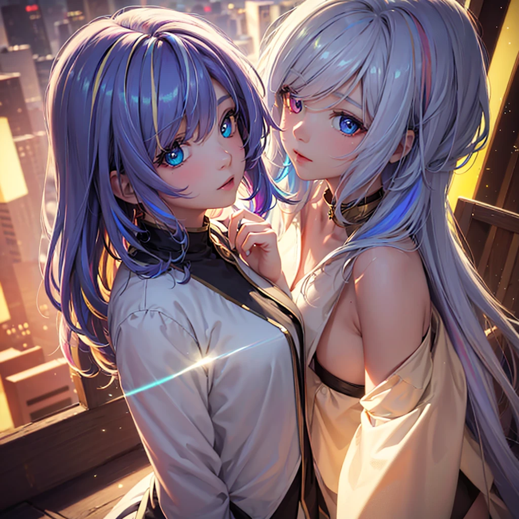 {{masterpiece}}, best quality, extremely detailed CG unity 8k wallpaper, cinematic lighting, lens flare, beautiful detail eyes, black, side glance, multicolor short blonde hair, colorful light, particles, heterochromia, (colorful:1.5), (colorful hair:1.5), lingery, rooftop background,