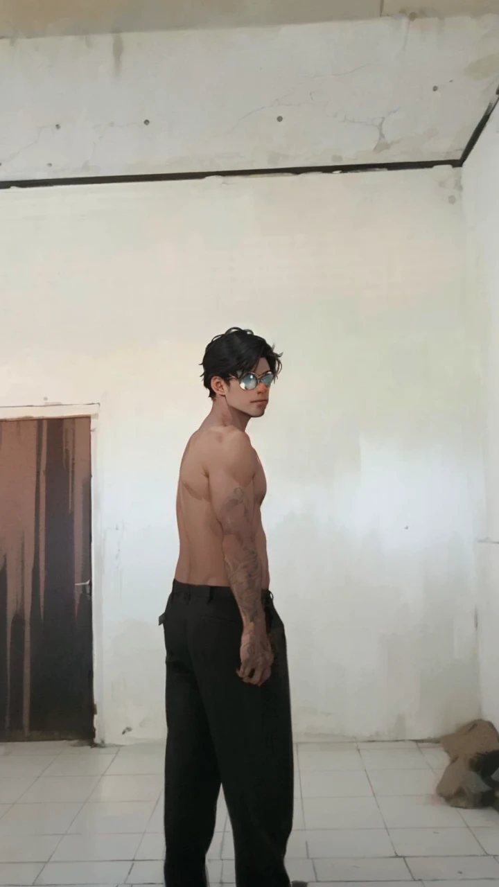 lifelike,(The Masterpiece,Top quality,best qulity,officlal art),greatly detailed,Colorful,Most detailed,god,shorter hair,black color hair,Handsome man,gargantilha,short sleeve,outskirts,sunglasses