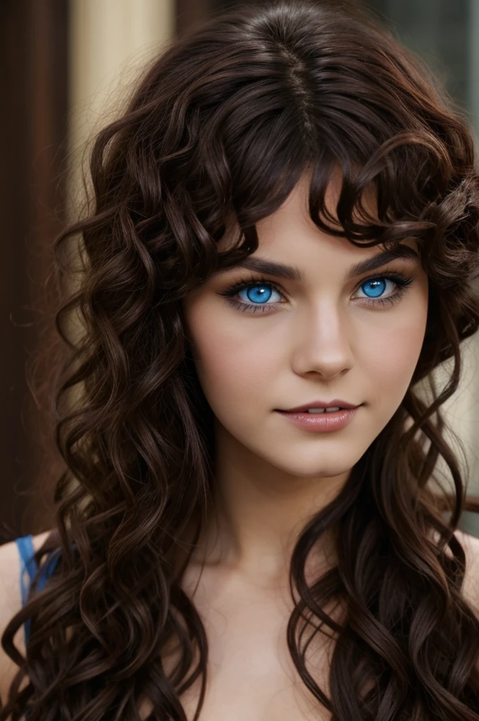 red eyed vampire, dark brown hair, with fangs and behind a girl with blue eyes and curly brown hair