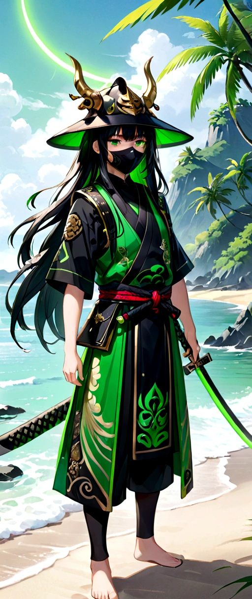 1 gatora, neon green eyes, black long straigh hair with bangs, mask covering the mouth and nose, black samurai hat, green aurea around the body, 1 green sickle on the shore