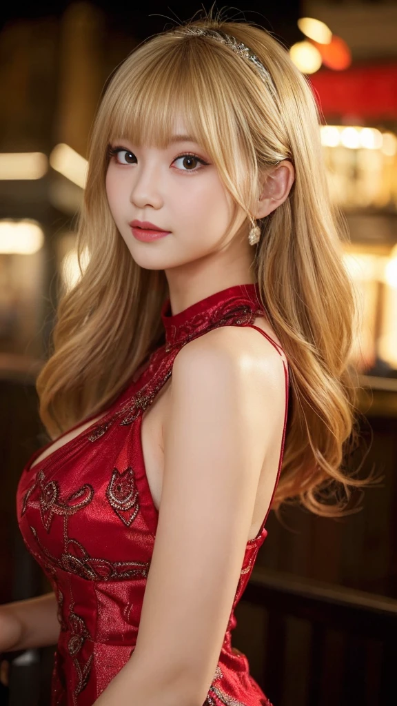 (Highest quality,In 8K,masterpiece:1.3),(超A high resolution,Photorealistic:1.4,RAW shooting),(Ultra-detailed,Caustics,Perfect Anatomy),(Ultra-detailedな背景,Ultra-Realistic Capture,Beautiful and detailed eyes),(A gorgeous red dress with ornaments:1.1),stand,Japanese,20-year-old,cute,Blonde wavy hair,Sexy Gal,Staring at me,Night Bar,Dynamic Lighting,Photographed from the front,Delicate shoulders,Big Breasts