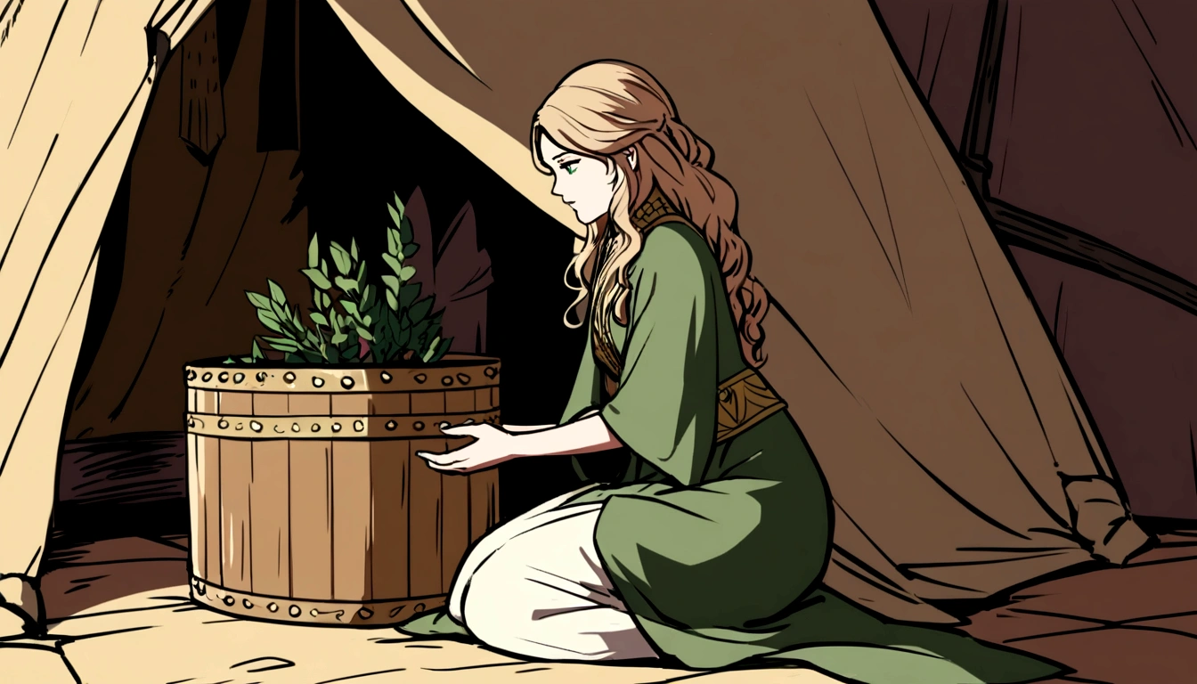 art style reminiscent of game of thrones.full body illustration of a teen, 16 years old, side profile, ethereal beauty, light brown long curly hair, femenine body shape, green olive eyes, dressed in dark green minimal dress with gold details, she is preparing some herbs in a mortar in a medieval medical tent,medieval tent background, game of thrones, 4k, margaery tyrell. Slightly impressionist. Crips brush strokes. Margaery Tyrell. Tyrell House. Game of Thrones.
