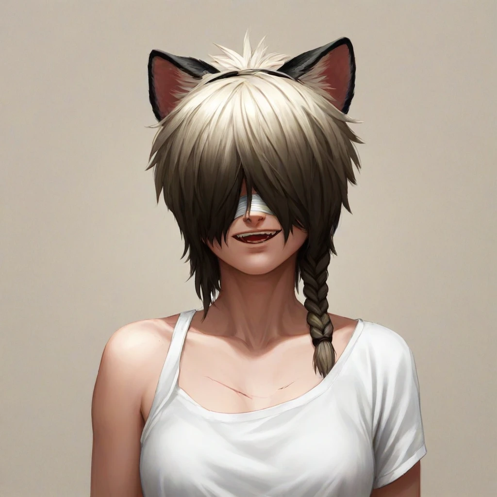 1 girl, Alone, wide, looking at the viewer, black fur, bandage on face, yellow eyes, animal ears, SMILE, bandage on nose, braid, cat ears, bandage, hits, old, fake animal ears, simple background, Open mouth, canine, , bare shoulders, SCAR, teeth, shirt, bare shoulders, white shirt, short sleeves, Closed mouth, t-shirt, hair over one eye, portrait, if, hair over the shoulder, Bermuda,
