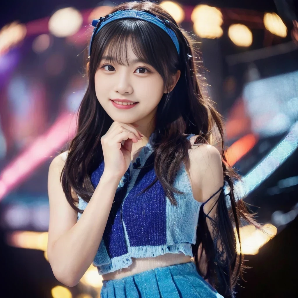 (RAW Photo, Best Quality), (Realistic, Photo Realistic: 1.3), Best Quality, Highly Detailed, Masterpiece, Ultra Detailed, 1 Girl, upper_body, Dynamic Angle, Extremely Detailed CG Unified 8k Wallpaper, Ink, Amazing, Movie upper_body, World Mastery Theater, messy_long_hair, Best Quality, Extremely Detailed CG Unified 8k Wallpaper, Ink, Amazing, Movie Lights, lens_flare, Detailed Face, (Deliberate expression: 1.5), sony master shot, woman posing for photo in front of tv, hi-res screenshot, normal hands, nice studio lighting, vhs screenshot, beautiful fine face, (Japanese teenage girl idol:1.5), performing on stage, (wearing blue-color idol costume:1.5), black short bob hairstyle, smiling,stage background, stage lights, concert setting, not city background,(wearing a colorful hair accessory)