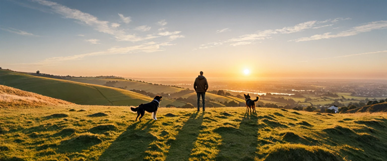 score_9, score_8_up, score_7_up, source_photo, photography, realistic, detailed, 8k, rating safe, (((ultra wide shot))), Sunrise, a man with a dog standing on hill, 
