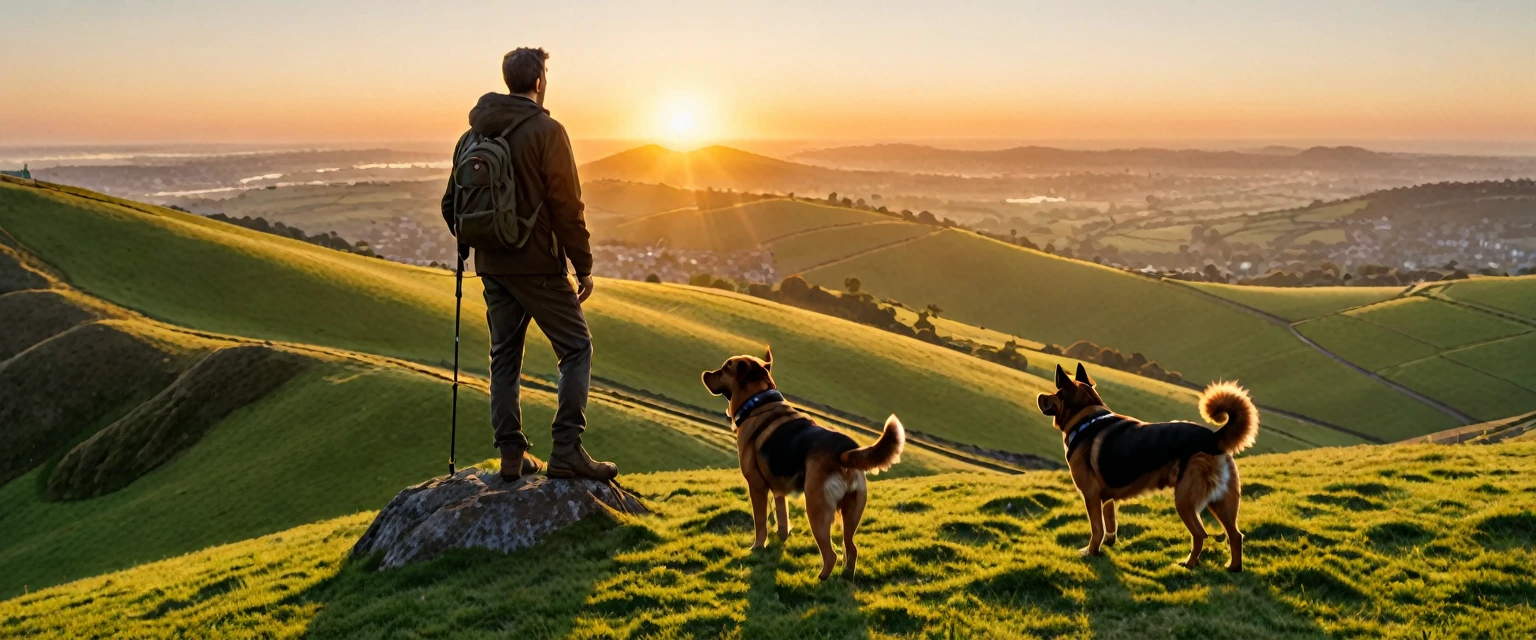 score_9, score_8_up, score_7_up, source_photo, photography, realistic, detailed, 8k, rating safe, (((ultra wide shot))), Sunrise, a man with a dog standing on hill,
