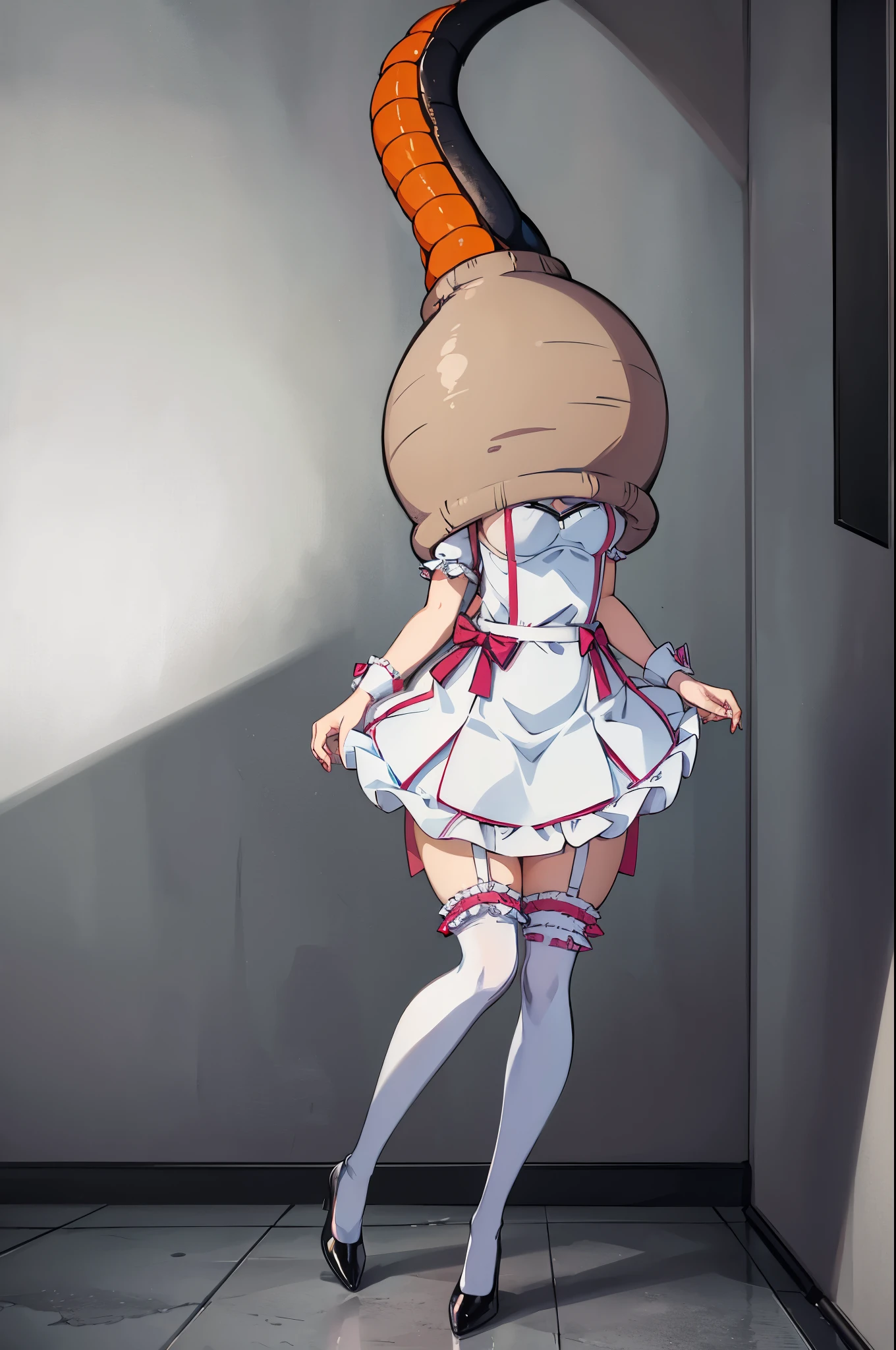 1girl, cute, innocent, sweet, shy, maid, maid outfit with frills, absurdres, high res, ultrasharp, 8K, masterpiece, (cell vore), (tail vore:1.3)