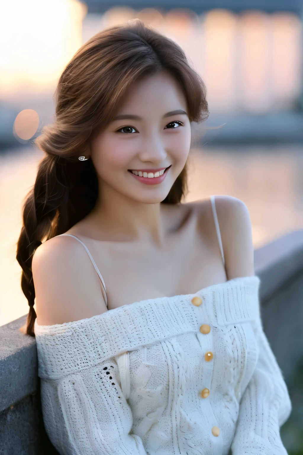 ((masterpiece: 1.4, highest quality))+,((highest quality)), ((masterpiece)), (detailed), whole body、wallpaper、Russian Beauty、30 years old、reality、Attention to detail、Perfectly balanced body、Tight waist、Smiling Kindly、Light brown haine white skin、(masterpiece:1.3), Best image quality: 1.4, (Rough hairstyles:1.2)、Cleavage:1.4、Loose, lightweight knitwear、Shoulder、Beautiful rooftop night view