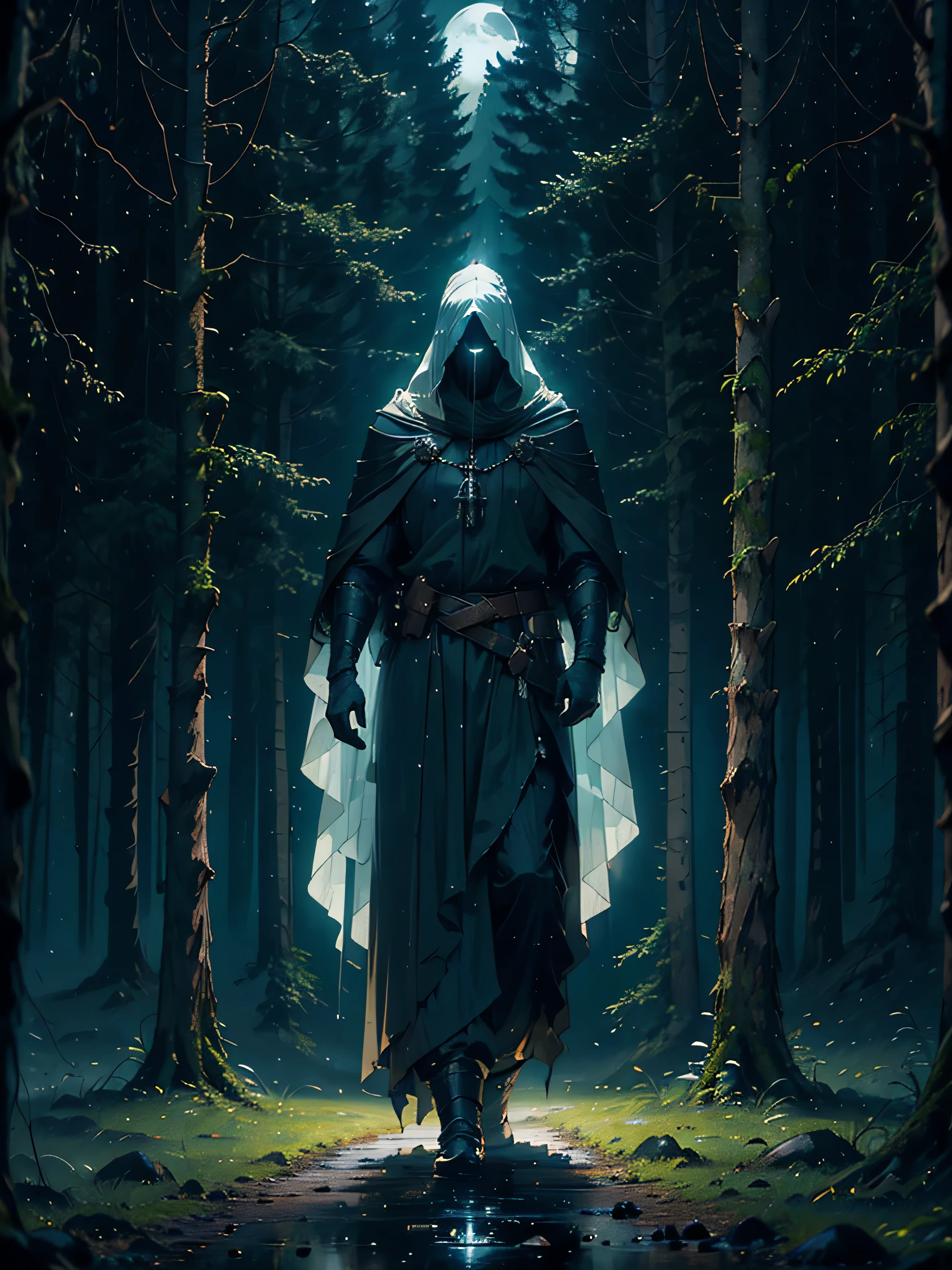 (Best Quality,ultra detailed), artificial raindrops falling, a man standing in the rain, white hair, blue eyes, detailed face(fail),dense forest landscape,majestic and serene nature, shining brightly in the night sky,black medieval outfit with pants glow in the moonlight, gentle style