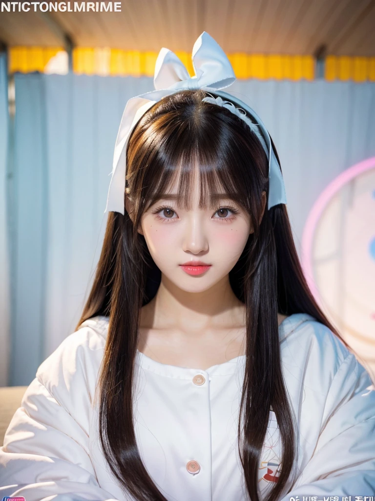 There was a woman with long hair wearing a white jacket and a bow., Korean girl, realistic anime girl, Chinese girl, Anime girls in real life, long hair anime girl, White Hime cut hairstyle, Natural cute anime face, Realistic 3D anime style, beautiful anime girl, With a cute-detailed face, beautiful anime pictures, beautiful south korean women