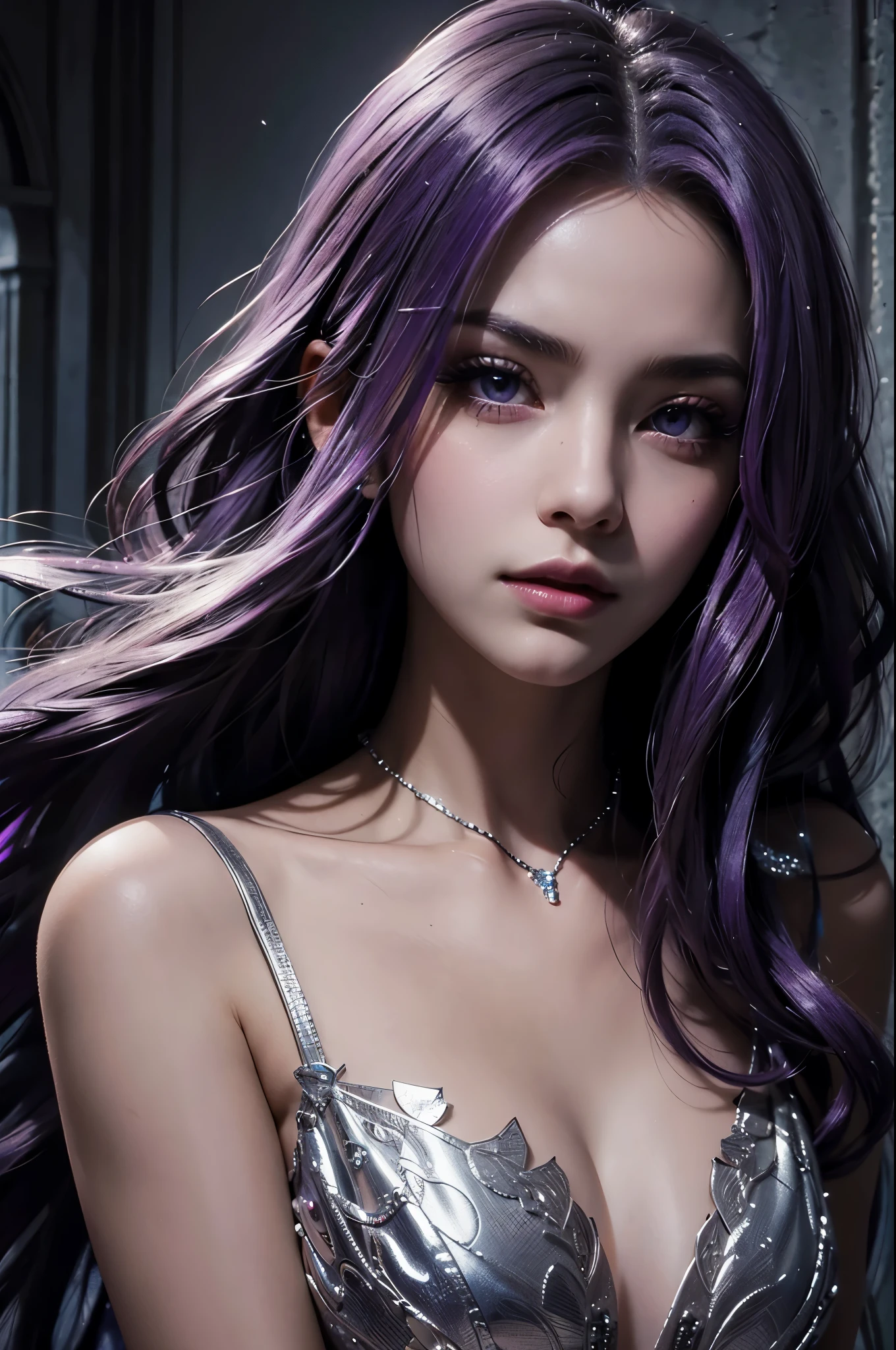 1 girl, mysterious, mouth covered, purple hair, hot, sexy, beautiful detailed eyes, beautiful detailed lips, extremely detailed face, longeyelashes, elegant dress, dramatic lighting, cinematic, dark fantasy, chiaroscuro, dramatic colors, rich textures, intricate details, ultra-detailed, 8k, hyperrealistic, masterpiece, digital art, concept art, hyper realistic, hyper detailed 