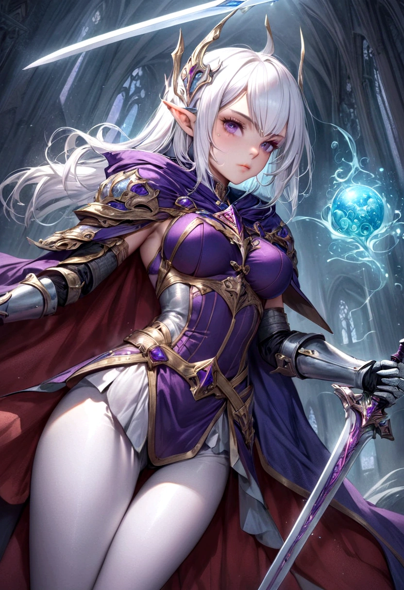 a woman with white hair and a purple cloak holding a sword, extremely detailed germ of art, ig model | germ of art, Seductive elf princess knight, germ of art detailed, detailed fantasy art, fantasy art style, Detailed 2D digital fantasy art, ! dream germ of art, germ of art. high detail, style germ of art