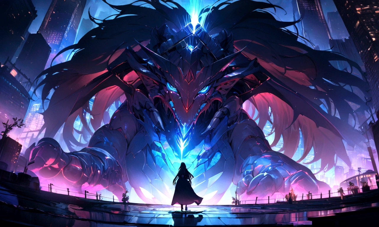 ((masterpiece, Highest quality, Best image quality, High resolution))Giant lion demon、beast king、 Glowing blue eyes and advanced cybernetic enhancements. Giant lion demonはダイナミックなアクションポーズで見られます, front、Neon-lit rooftop, reflection on a smooth surface. The cityscape below is filled with towering skyscrapers., illuminated by colorful holographic advertisements, Shining with blue energy, Mighty power. The overall atmosphere is dark and mysterious., It had a futuristic techno vibe.. The lighting is dramatic, Intense highlights and deep shadows, Creates depth and tension. Color Palette