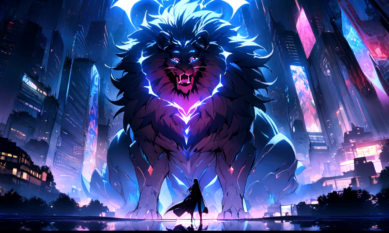 ((masterpiece, Highest quality, Best image quality, High resolution))Giant lion demon、beast king、 Glowing blue eyes and advanced cybernetic enhancements. Giant lion demonはダイナミックなアクションポーズで見られます, front、Neon-lit rooftop, reflection on a smooth surface. The cityscape below is filled with towering skyscrapers., illuminated by colorful holographic advertisements, Shining with blue energy, Mighty power. The overall atmosphere is dark and mysterious., It had a futuristic techno vibe.. The lighting is dramatic, Intense highlights and deep shadows, Creates depth and tension. Color Palette