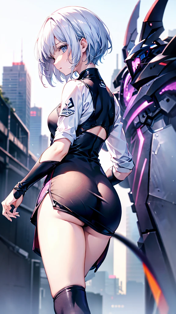 profile background, anime girl, serious face, fringe, short white hair, eyes purple, martial arts clothing, high-res portrait, detailed eyes and face, character, fantasy, advanced urban, looking from behind at viewer, 4K, high resolution