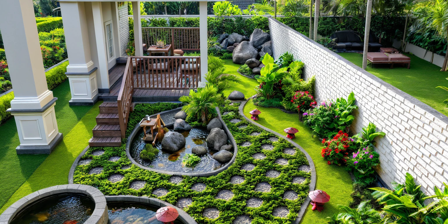 Moderntropicalgardern,aiaigroup, aerial view, outdoors, garden, tree, east asian architecture, rock, stone, flower, daylight, house,Beautifully designed garden mandarin branches