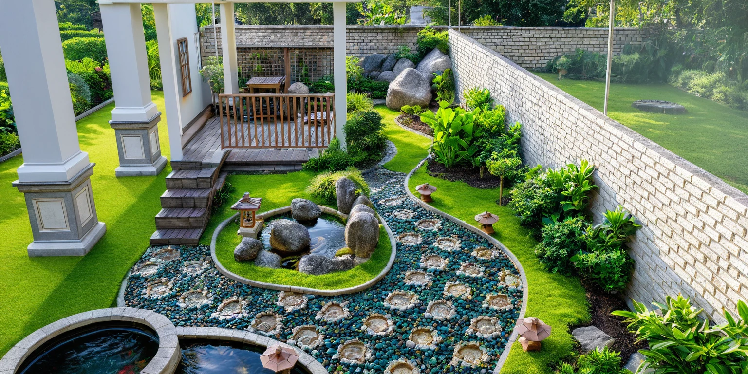 Moderntropicalgardern,aiaigroup, aerial view, outdoors, garden, tree, east asian architecture, rock, stone, flower, daylight,  house,Beautifully designed garden mandarin branches