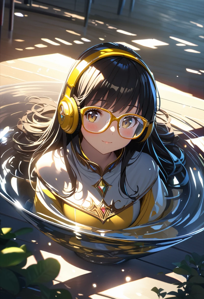extremely detailed fine touch, dappled light, reflection, shadows, ray tracing, girl, princess, with yellow underrim glasses, yellow headphones, light blush, light smile, very short black hair, fantasy