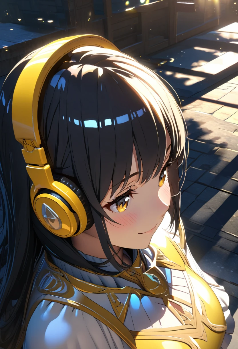extremely detailed fine touch, dappled light, reflection, shadows, ray tracing, girl, princess, with yellow underrim glasses, yellow headphones, light blush, light smile, very short black hair, fantasy