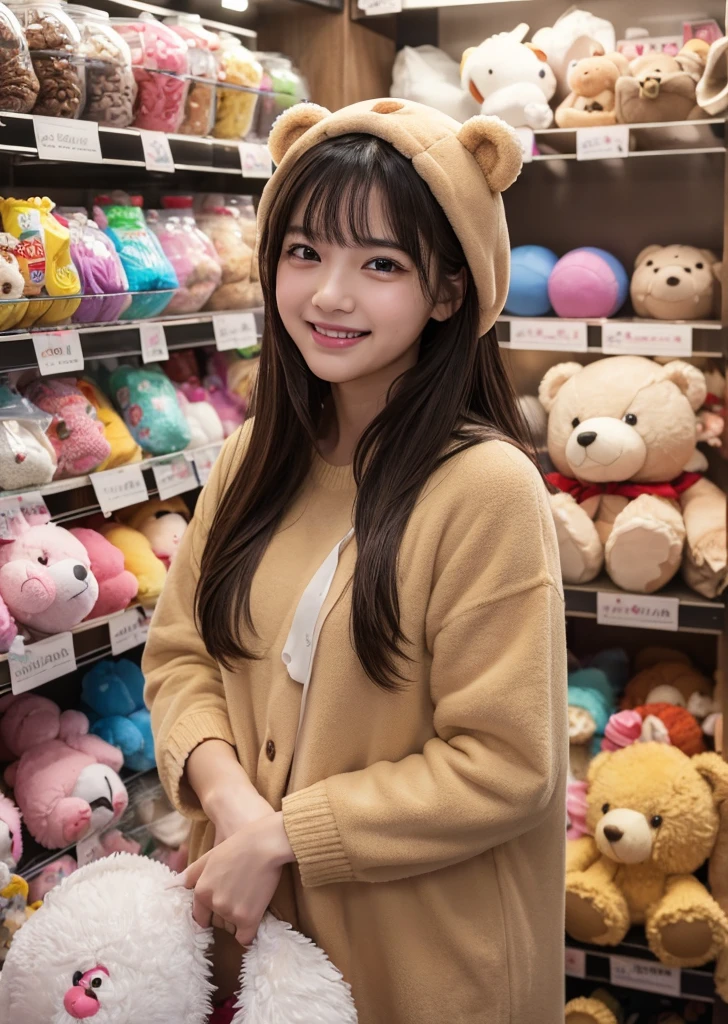 （Realistic, photo-Realistic:1.37),(8K, RAW Photos, Highest quality, masterpiece:1.2), cute, Ultra-detailed, 超High resolution, Kodak Vision Color, Filmed with an Arricam LT camera,Highest quality, Lively, 8K, High resolution, 1 girl, Escape, (Professional Lighting), (Portraiture:0.6), Black Hair, (Medium Hair）,21 years old、slender、Toy store、Surrounded by lots of stuffed toys、There are lots of stuffed toys around、Teddy bear、teddy bear、Hug the stuffed animal、Pastel color wallpaper、Long Hair, Modern photography, wear (bear costume), (Portraiture), cutebear costumeに身をつけて, Super soft light brown plush fabric, debtわdebtわフード, cuteクマの頭巾, (35mm, debt/2.8) Photo , Aperture, Highly detailed and exquisite, character, Hypermaximalist, beautiful, reveal, Charm, Charm, Affectionate, Ultra-realistic, Very detailed, beautiful woman, ((Fine grain)), Long eyelashes, (Glossy Lips), laugh、