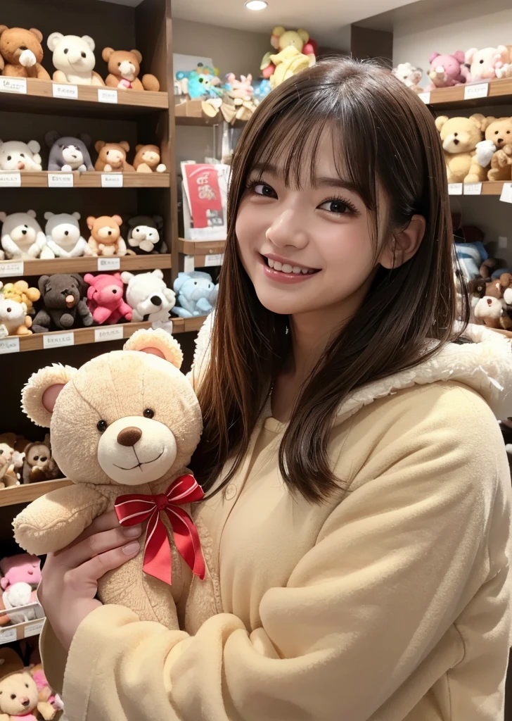 (Realistic, photo-Realistic:1.37),(8K, RAW Photos, Highest quality, masterpiece:1.2), cute, Ultra-detailed, 超High resolution, Kodak Vision Color, Filmed with an Arricam LT camera,Highest quality, Lively, 8K, High resolution, 1 girl, Escape, (Professional Lighting), (Portraiture:0.6), Black Hair, (Medium Hair),21 years old、slender、Toy store、Surrounded by lots of stuffed toys、There are lots of stuffed toys around、Teddy bear、teddy bear、Hug the stuffed animal、Pastel color wallpaper、Long Hair, Modern photography, wear (bear costume), (Portraiture), cutebear costumeに身をつけて, Super soft light brown plush fabric, debtわdebtわフード, cuteクマの頭巾, (35mm, debt/2.8) Photo , Aperture, Highly detailed and exquisite, character, Hypermaximalist, beautiful, reveal, Charm, Charm, Affectionate, Ultra-realistic, Very detailed, beautiful woman, ((Fine grain)), Long eyelashes, (Glossy Lips), laugh、