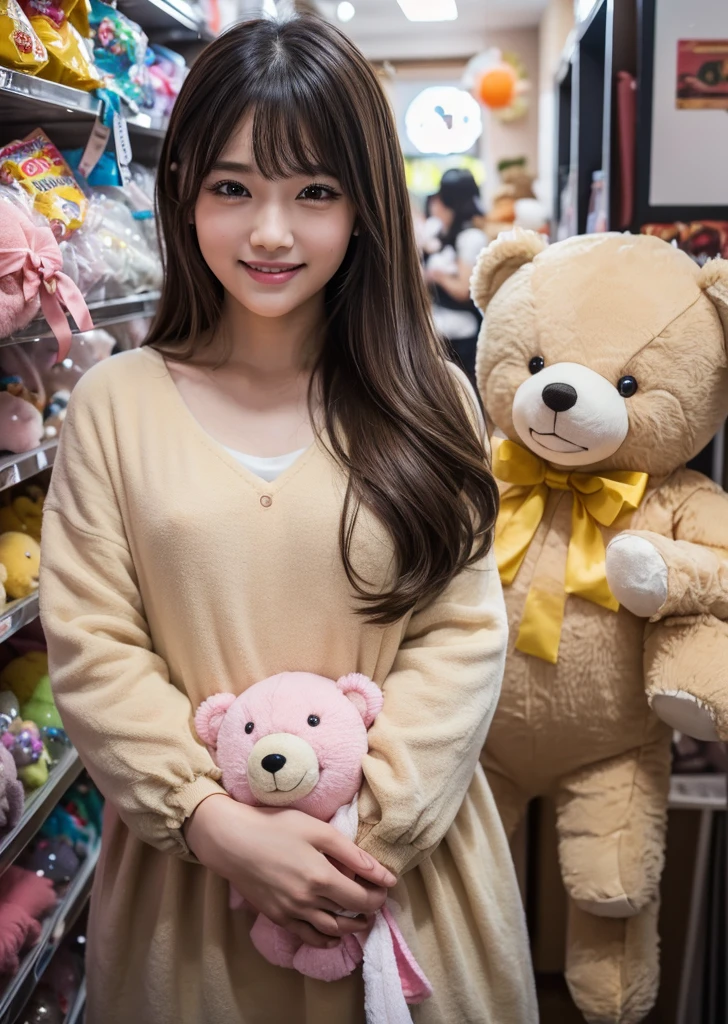 (Realistic, photo-Realistic:1.37),(8K, RAW Photos, Highest quality, masterpiece:1.2), cute, Ultra-detailed, 超High resolution, Kodak Vision Color, Filmed with an Arricam LT camera,Highest quality, Lively, 8K, High resolution, 1 girl, Escape, (Professional Lighting), (Portraiture:0.6), Black Hair, (Medium Hair),21 years old、slender、Toy store、Surrounded by lots of stuffed toys、There are lots of stuffed toys around、Teddy bear、teddy bear、Hug the stuffed animal、Pastel color wallpaper、Long Hair, Modern photography, wear (bear costume), (Portraiture), cutebear costumeに身をつけて, Super soft light brown plush fabric, debtわdebtわフード, cuteクマの頭巾, (35mm, debt/2.8) Photo , Aperture, Highly detailed and exquisite, character, Hypermaximalist, beautiful, reveal, Charm, Charm, Affectionate, Ultra-realistic, Very detailed, beautiful woman, ((Fine grain)), Long eyelashes, (Glossy Lips), laugh、
