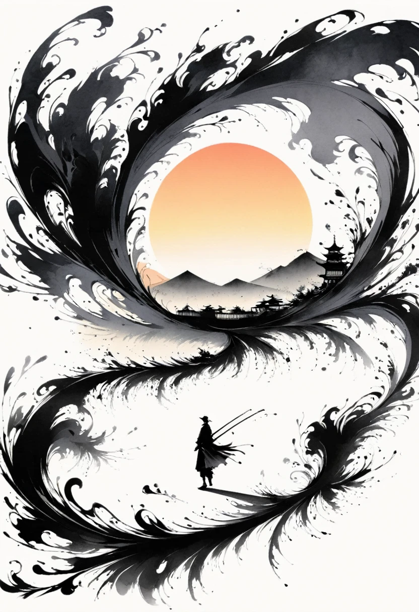 (Lots of white space:1.5),(Lots of white space around:1.6), White background, simple, Minimalism, abstract,Freehand,Aesthetic,black and white,Ink Painting,antiquity,sunrise,road